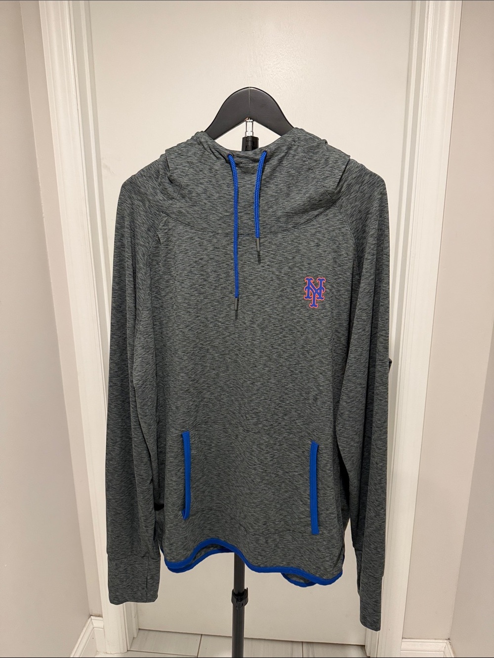 Fanatics Gray Mets Hoodie with Blue Trim and Pink-Blue NY Logo
